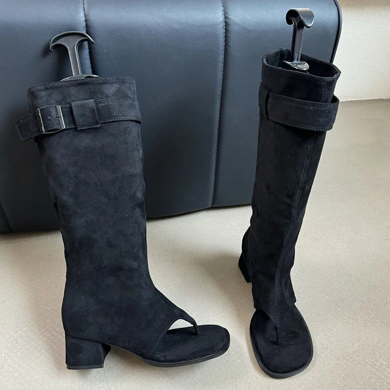 Suede Slouch Knee High Sandal Boots