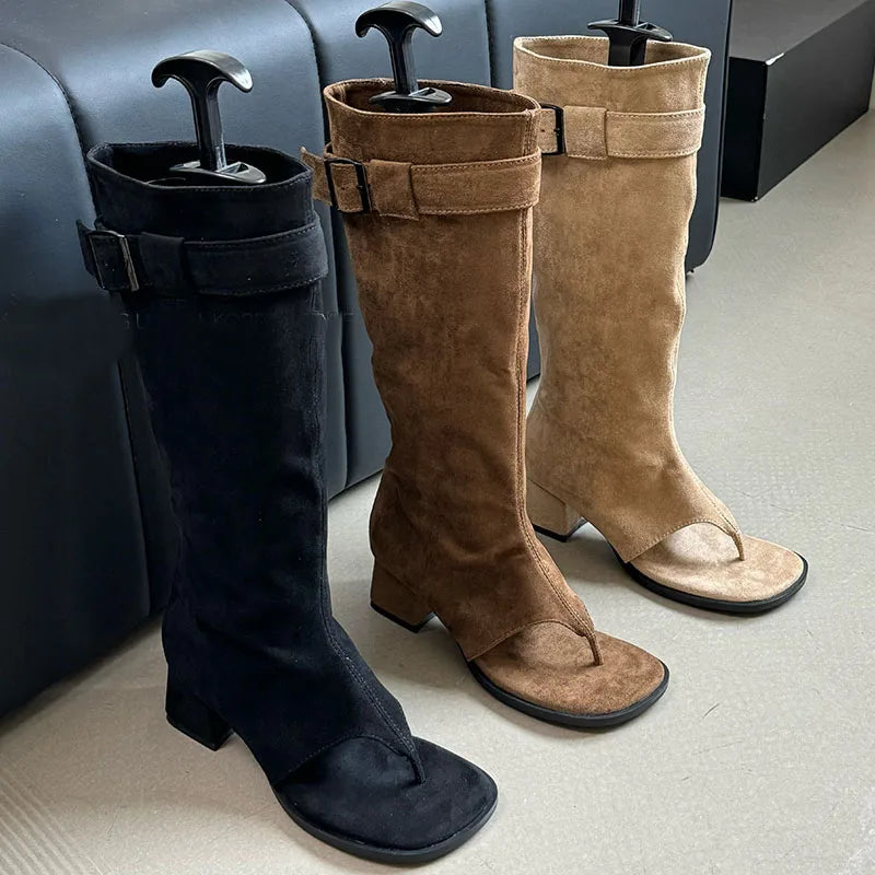 Suede Slouch Knee High Sandal Boots