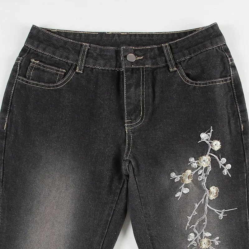 Retro Black Denim Flared Jeans with White Plant Embroidery
