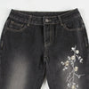 Retro Black Denim Flared Jeans with White Plant Embroidery