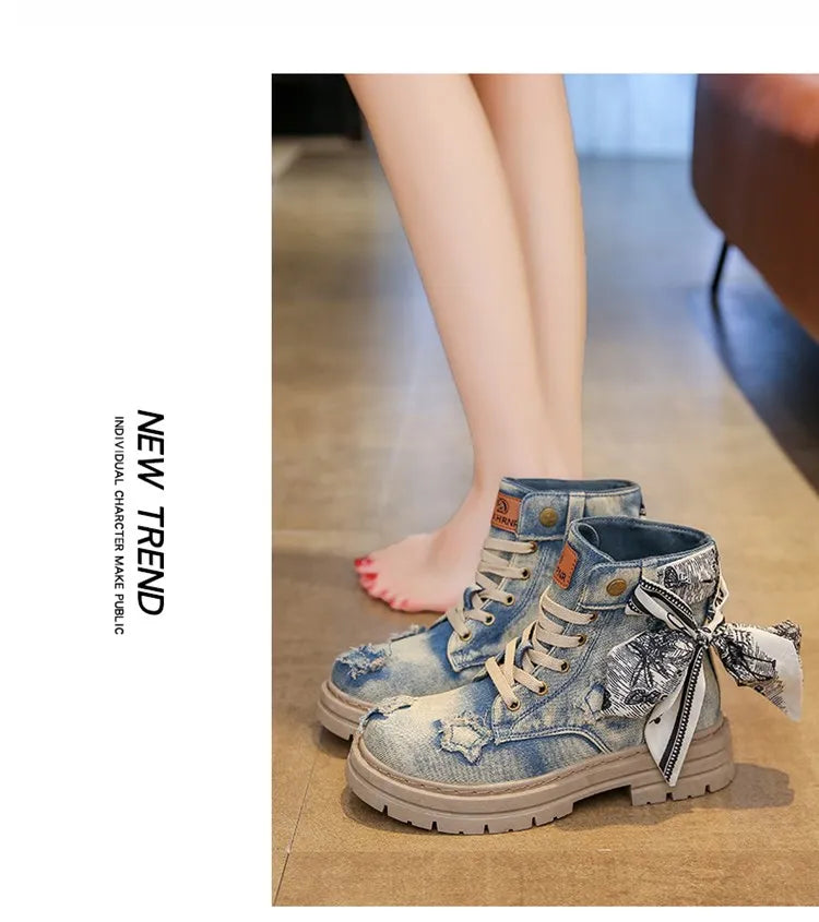 Blue Denim Grunge Ankle Boots