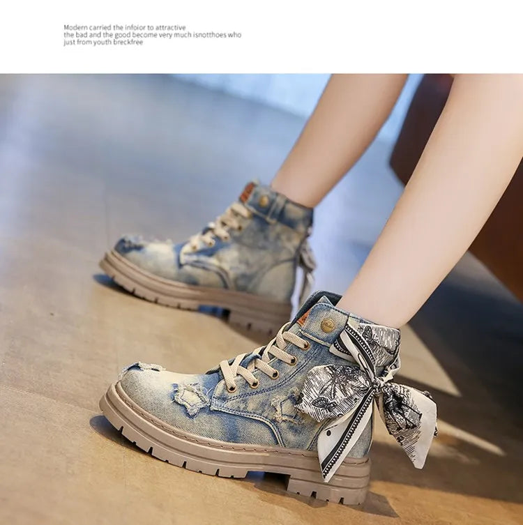 Blue Denim Grunge Ankle Boots