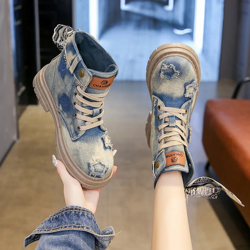 Blue Denim Grunge Ankle Boots