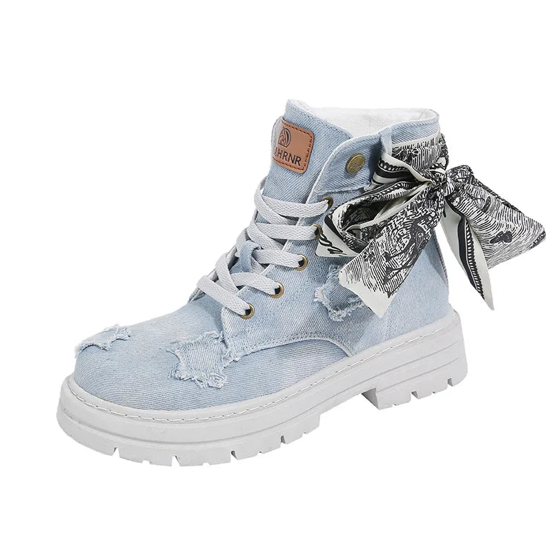 Blue Denim Grunge Ankle Boots