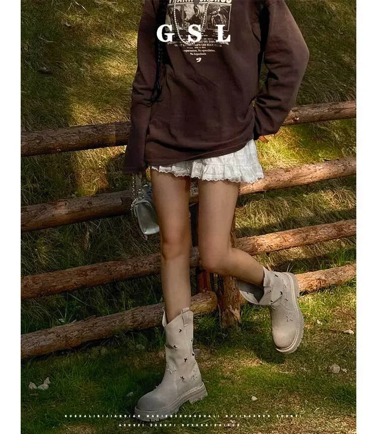 Suede Effect Short Biker Style Boots