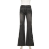 Retro Black Denim Flared Jeans with White Plant Embroidery