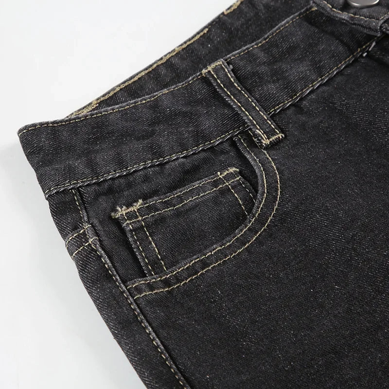 Retro Black Denim Flared Jeans with White Plant Embroidery