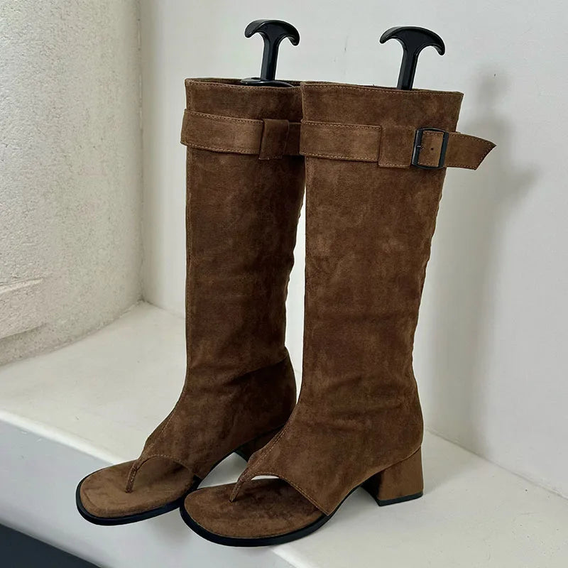 Suede Slouch Knee High Sandal Boots