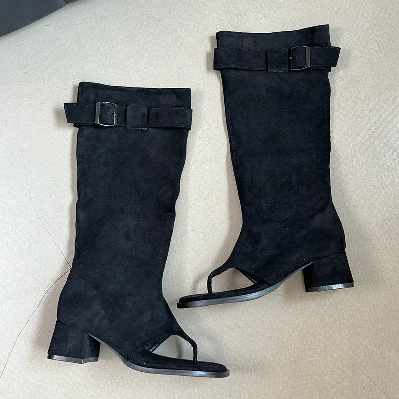 Suede Slouch Knee High Sandal Boots