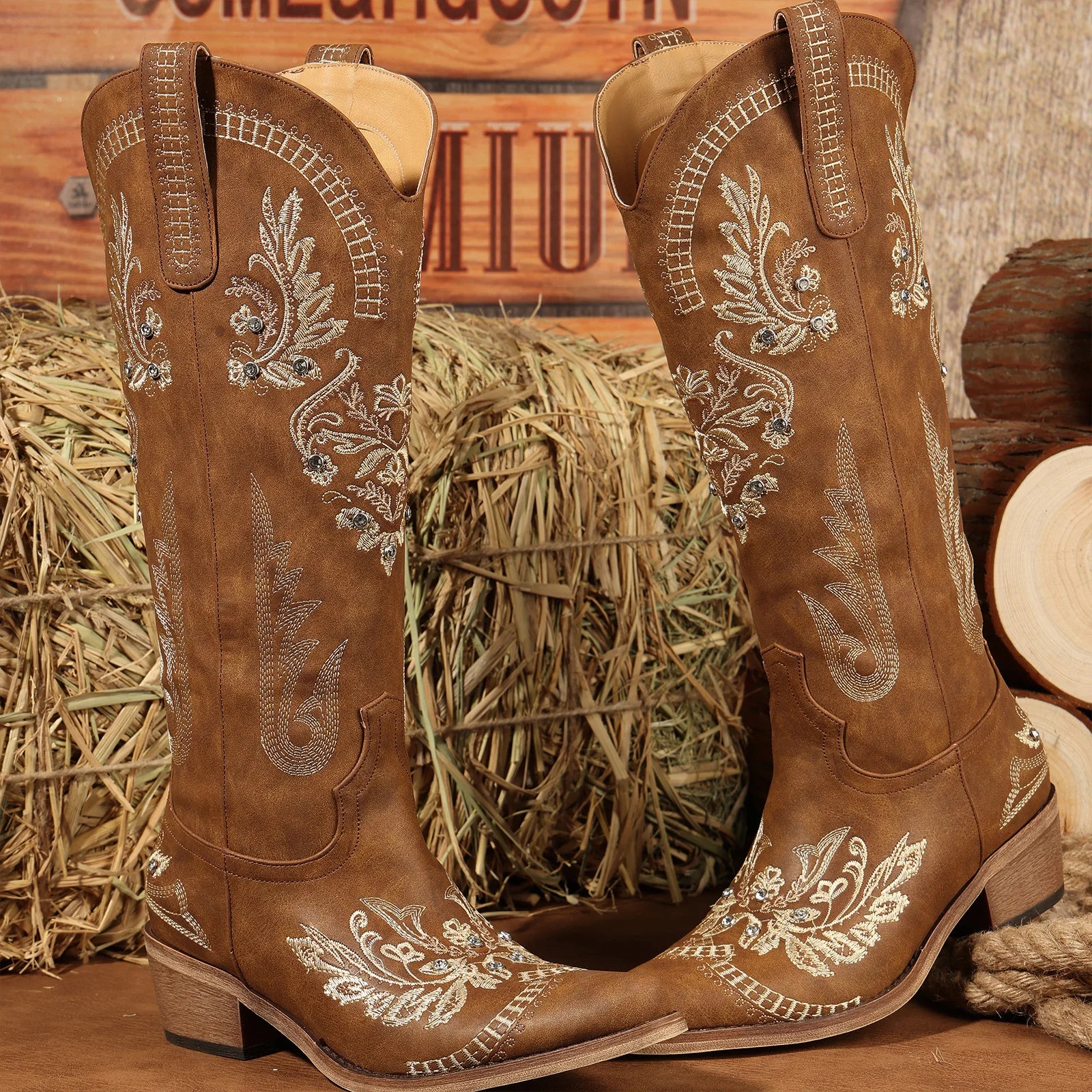 Brown Knee High Western Cowgirl Boots ( Wide Calf)