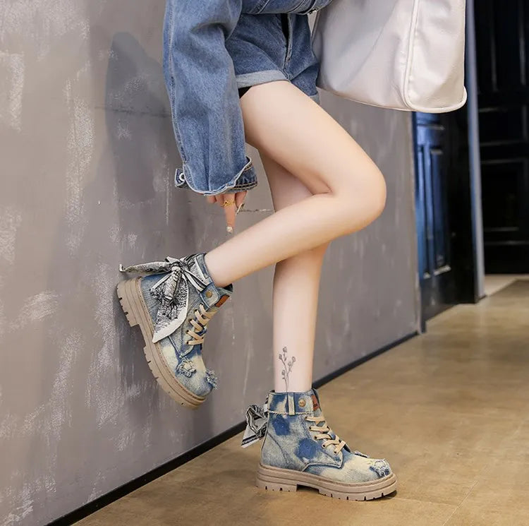 Blue Denim Grunge Ankle Boots