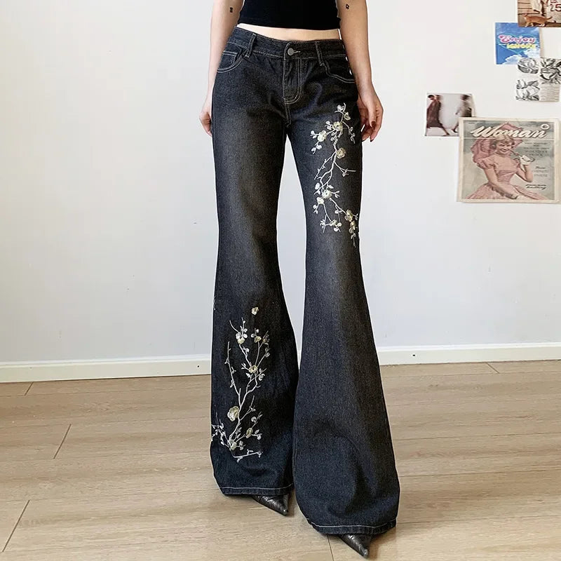 Retro Black Denim Flared Jeans with White Plant Embroidery