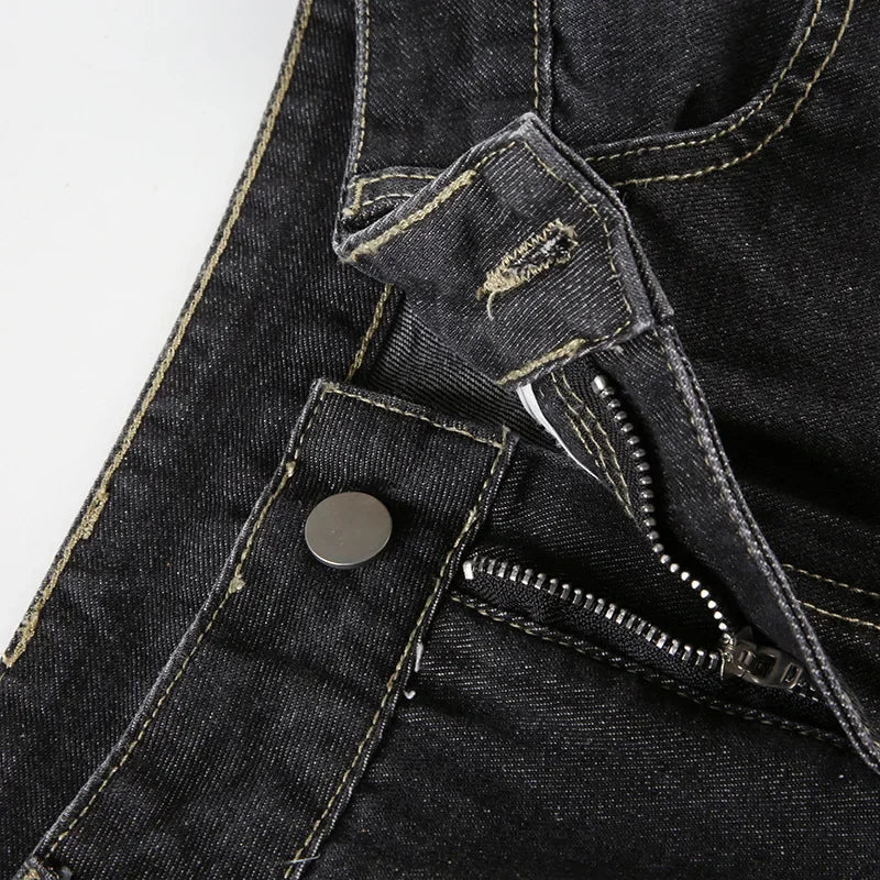 Retro Black Denim Flared Jeans with White Plant Embroidery