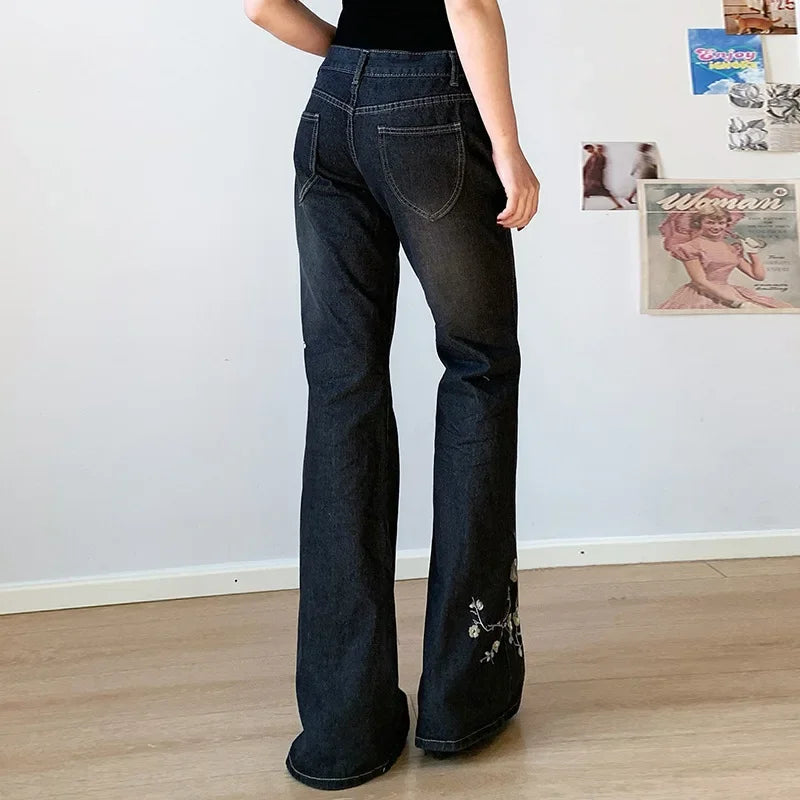 Retro Black Denim Flared Jeans with White Plant Embroidery