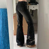 Retro Black Denim Flared Jeans with White Plant Embroidery