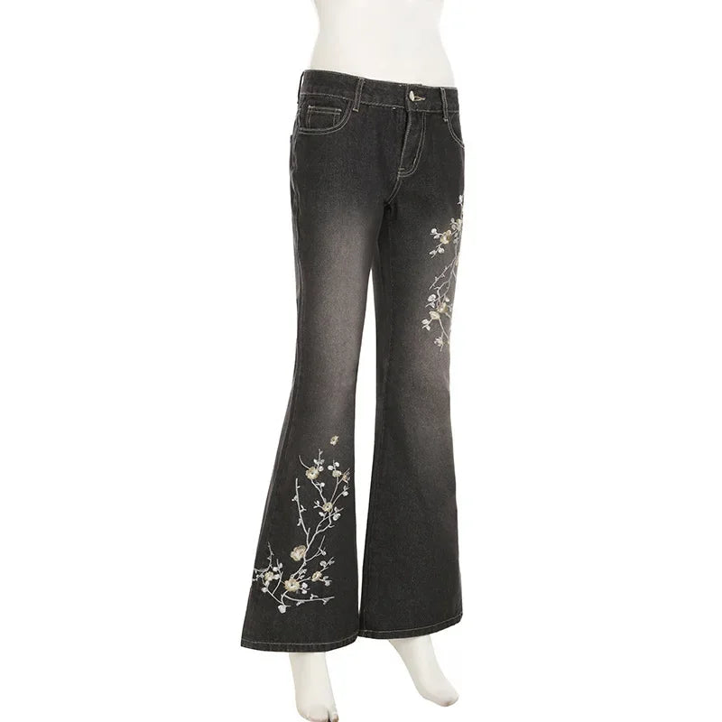 Retro Black Denim Flared Jeans with White Plant Embroidery