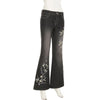 Retro Black Denim Flared Jeans with White Plant Embroidery