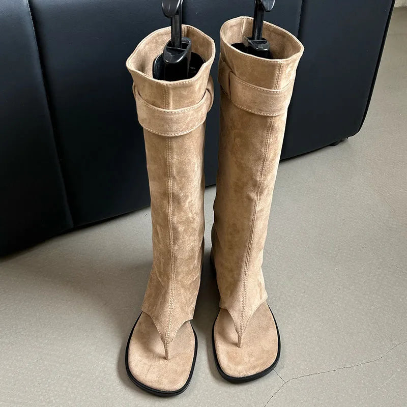 Suede Slouch Knee High Sandal Boots