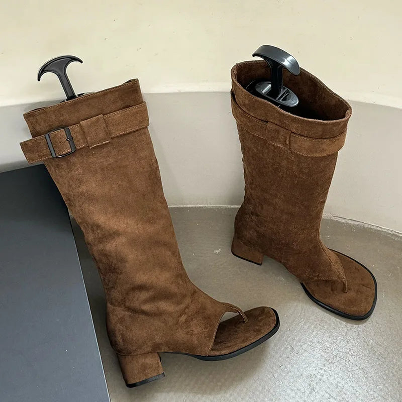 Suede Slouch Knee High Sandal Boots
