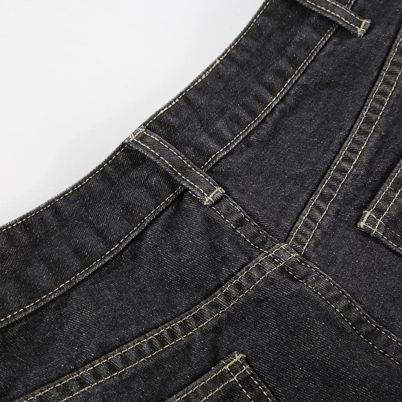 Retro Black Denim Flared Jeans with White Plant Embroidery