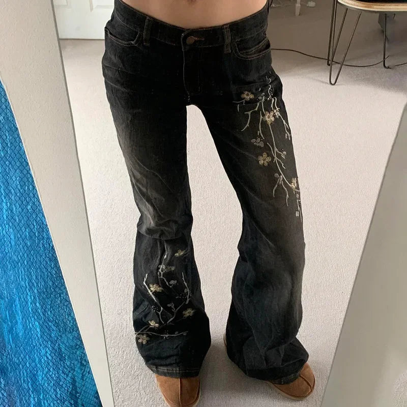 Retro Black Denim Flared Jeans with White Plant Embroidery