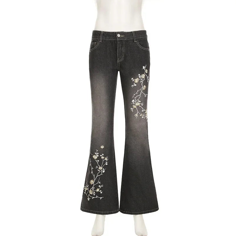 Retro Black Denim Flared Jeans with White Plant Embroidery