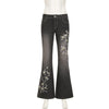 Retro Black Denim Flared Jeans with White Plant Embroidery
