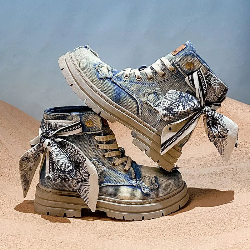 Blue Denim Grunge Ankle Boots
