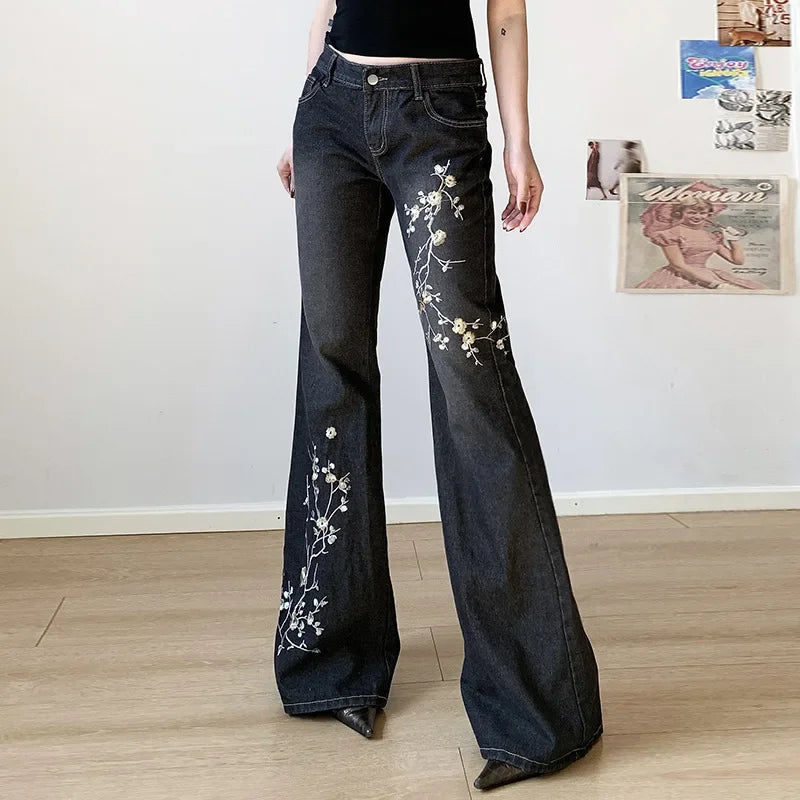 Retro Black Denim Flared Jeans with White Plant Embroidery
