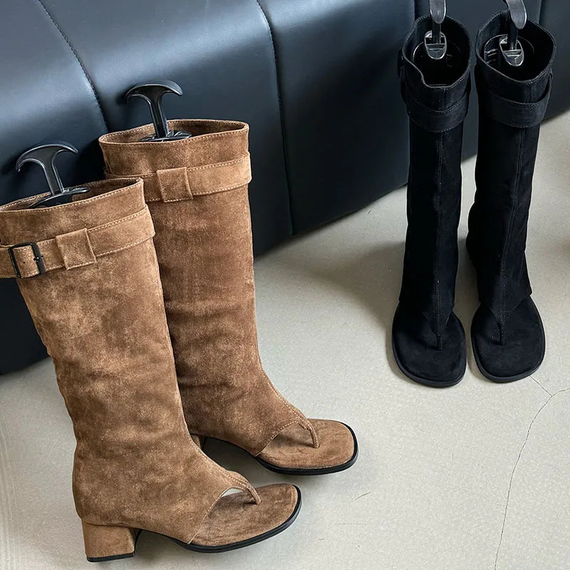 Suede Slouch Knee High Sandal Boots