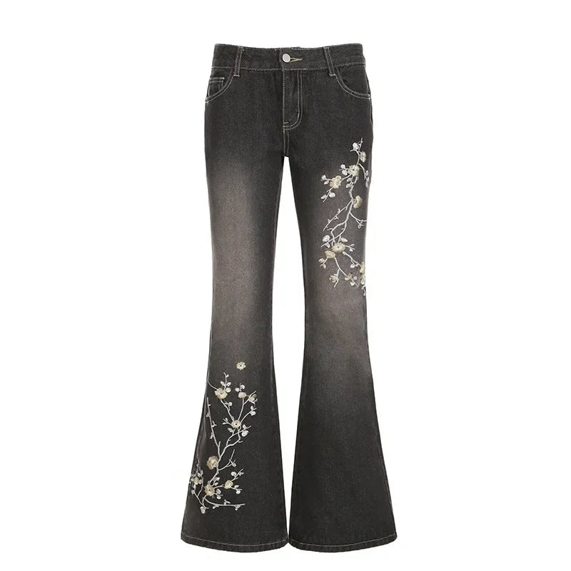 Retro Black Denim Flared Jeans with White Plant Embroidery