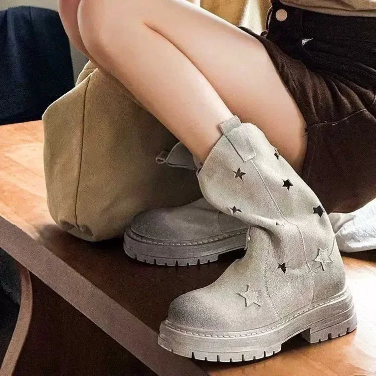 Suede Effect Short Biker Style Boots