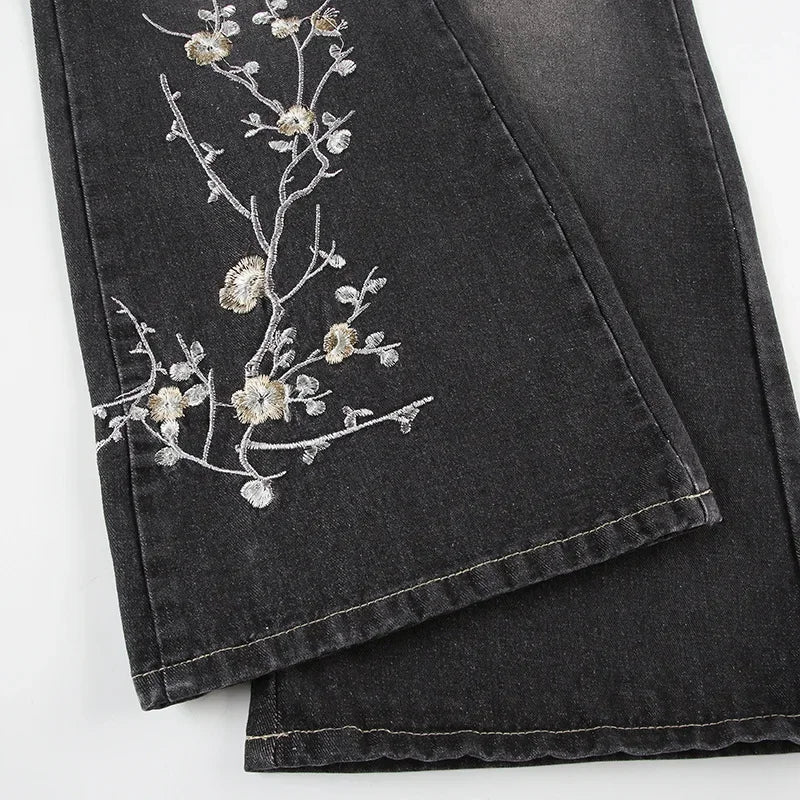 Retro Black Denim Flared Jeans with White Plant Embroidery