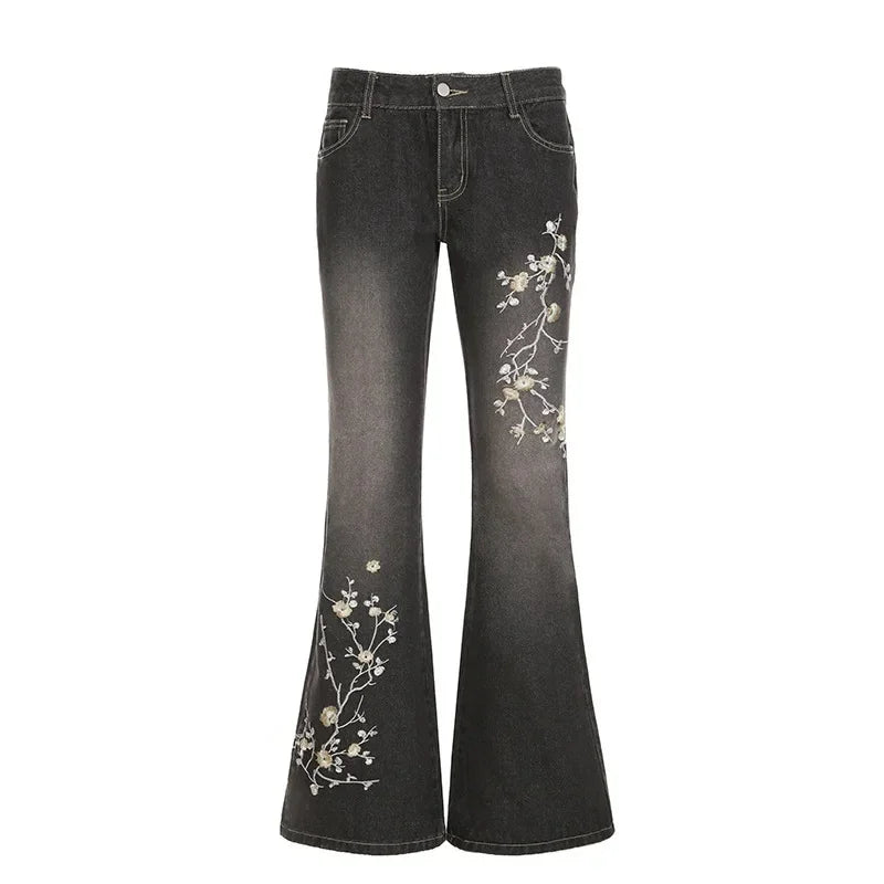 Retro Black Denim Flared Jeans with White Plant Embroidery