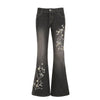 Retro Black Denim Flared Jeans with White Plant Embroidery