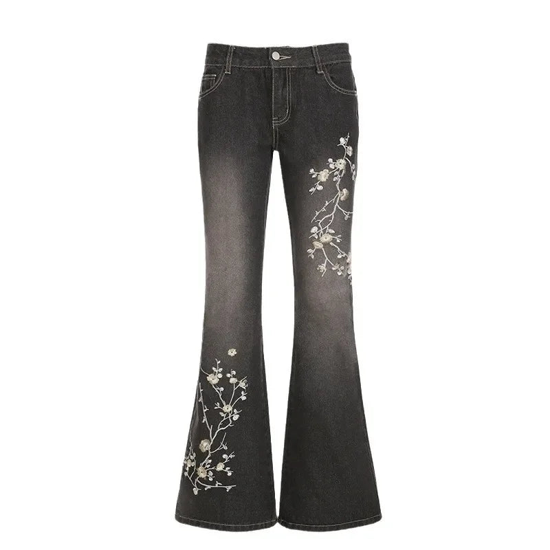 Retro Black Denim Flared Jeans with White Plant Embroidery