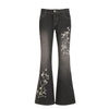 Retro Black Denim Flared Jeans with White Plant Embroidery