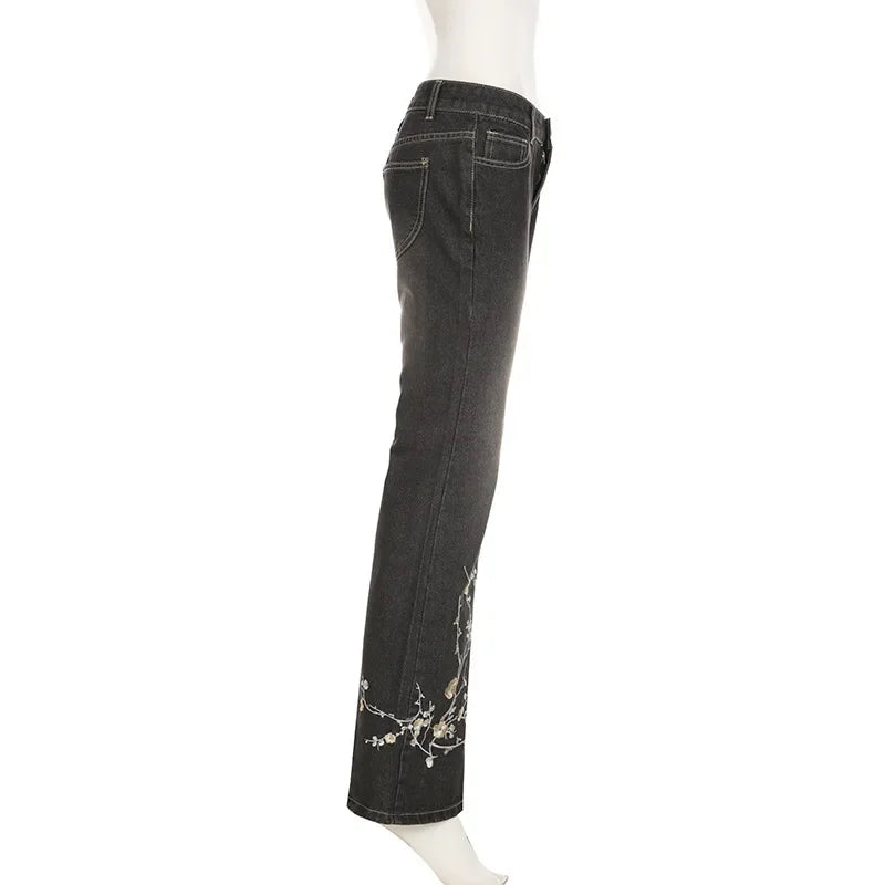 Retro Black Denim Flared Jeans with White Plant Embroidery