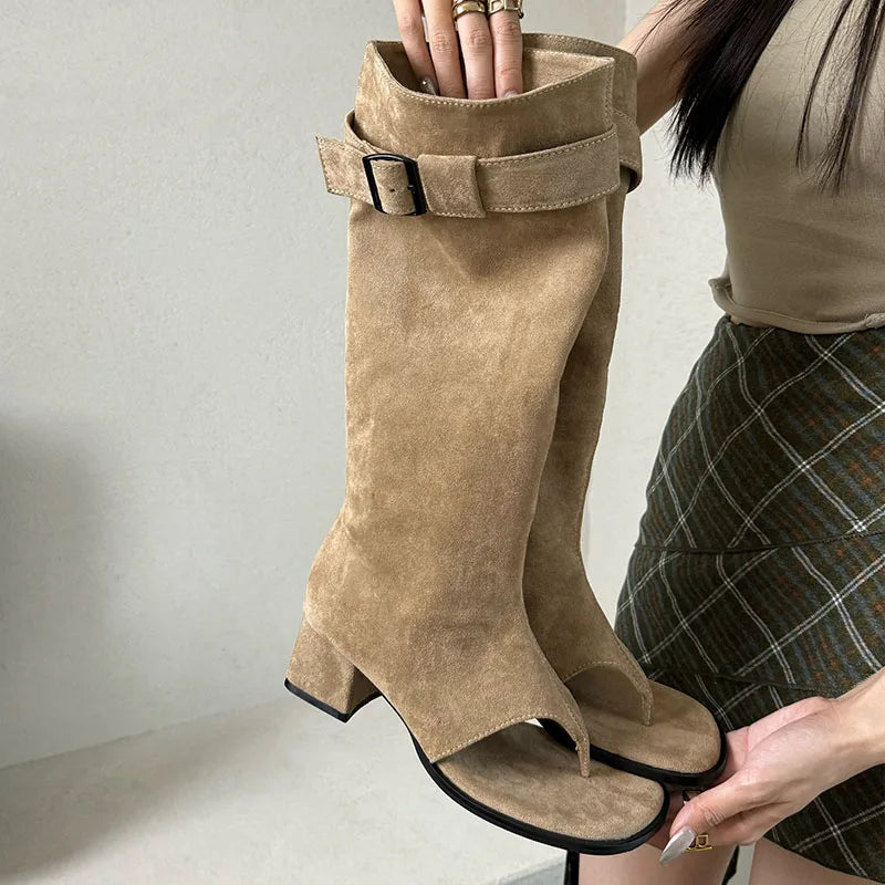 Suede Slouch Knee High Sandal Boots