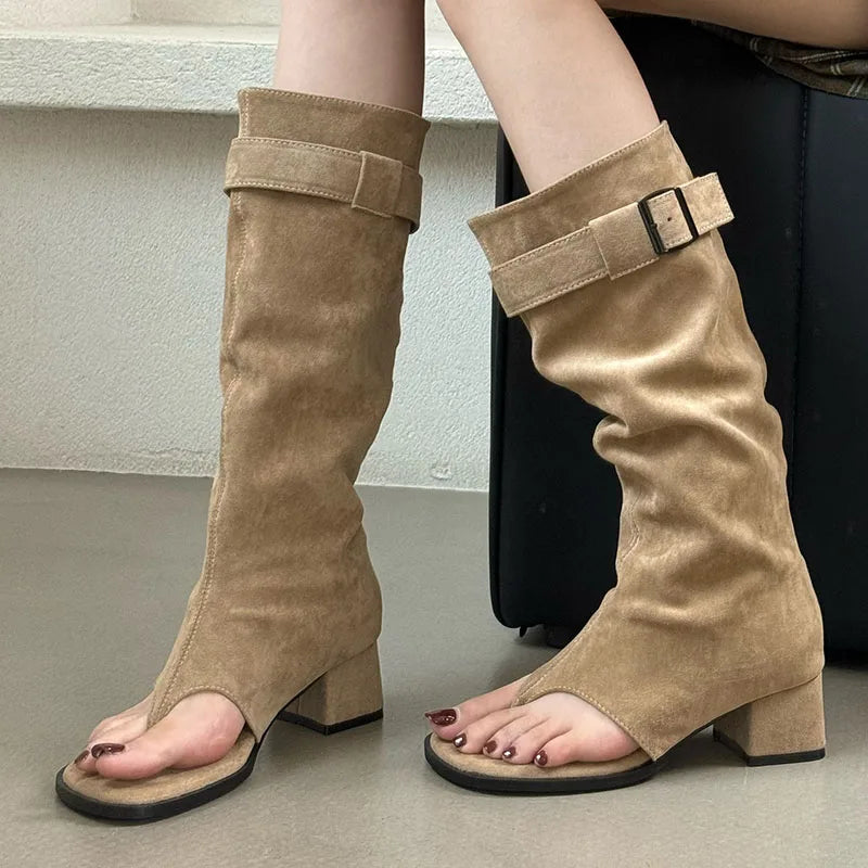 Suede Slouch Knee High Sandal Boots