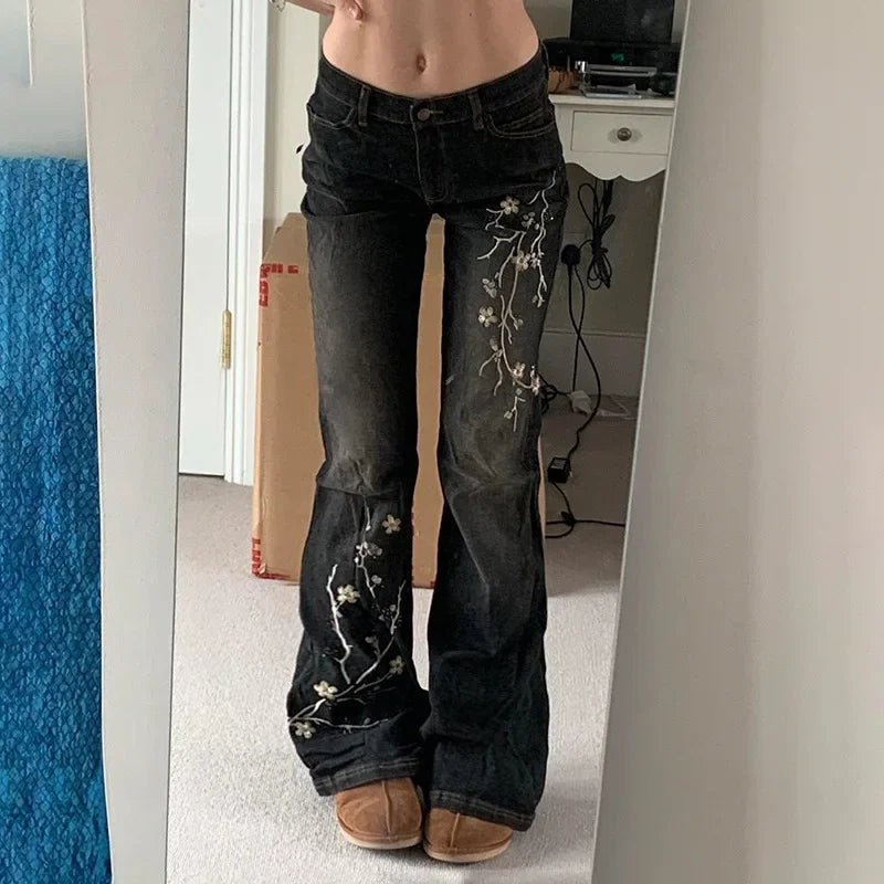 Retro Black Denim Flared Jeans with White Plant Embroidery