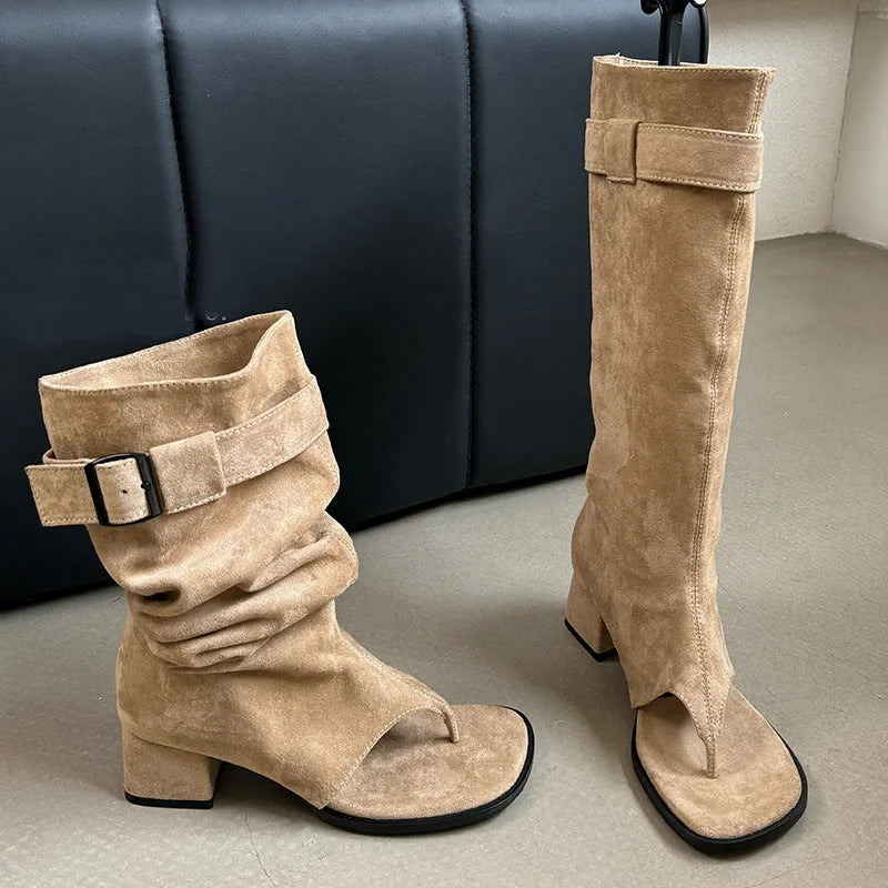Suede Slouch Knee High Sandal Boots