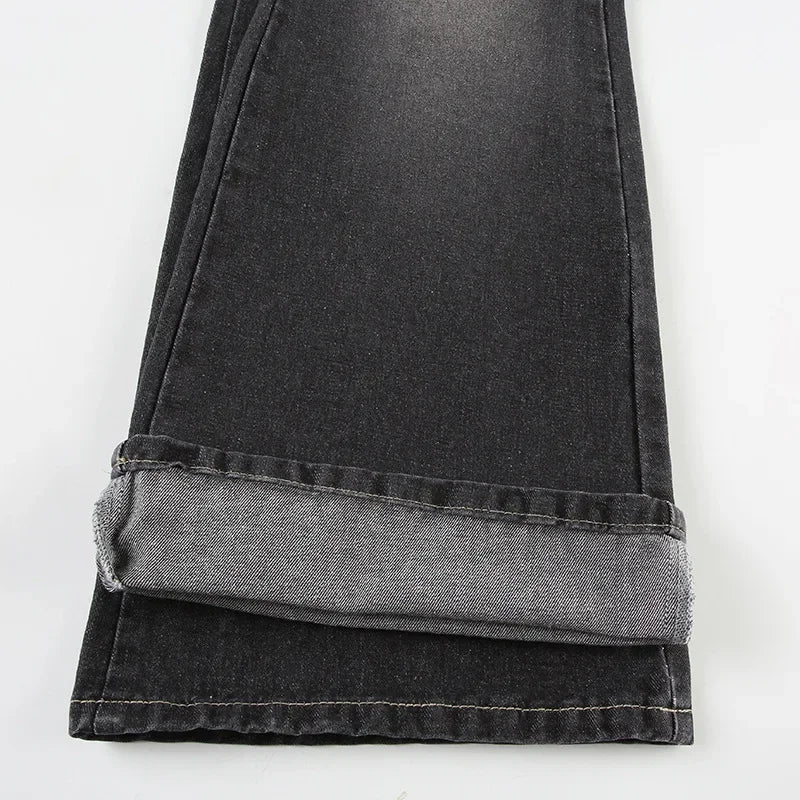 Retro Black Denim Flared Jeans with White Plant Embroidery