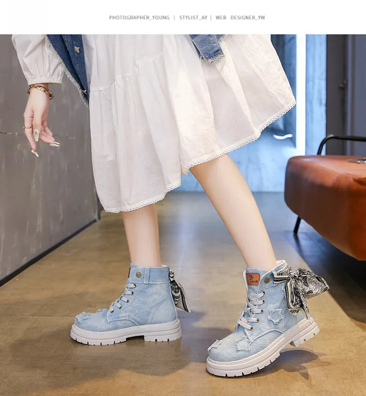 Blue Denim Grunge Ankle Boots