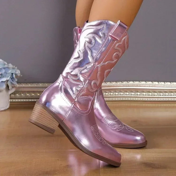 Shiny Faux Leather Cowboy Boots